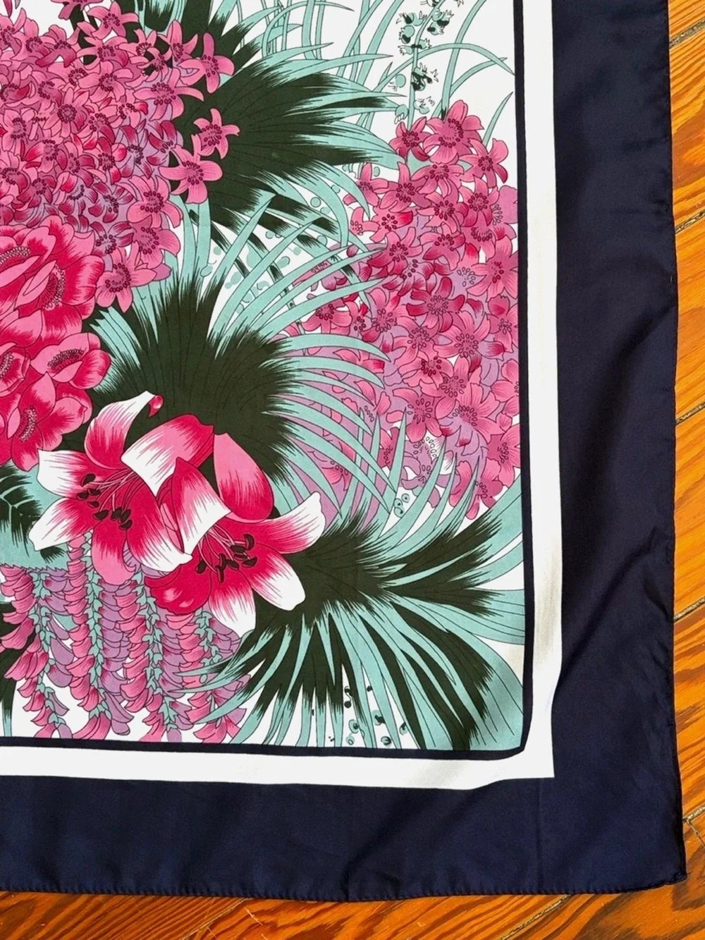 Floral Square Scarf Pink Navy Botanical 27 x 27 Rose Hydrangea Lily
